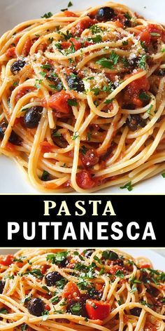 pasta with tomatoes, olives and parmesan cheese is served on a white plate