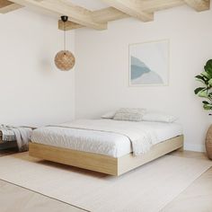 a bed sitting in the middle of a bedroom next to a potted plant