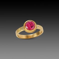 Vibrant Ruby Ring with Diamonds – Ananda Khalsa Yellow Gold Ruby Rings With Single Cut Diamonds, Gold Stackable Rings With Ruby Bezel Setting, Gold Ruby Birthstone Ring With Rose Cut Diamonds, Ring Stacks, Ruby And Diamond Ring, Hammered Band, Ruby Ring, Sparkle Diamonds, 22k Gold