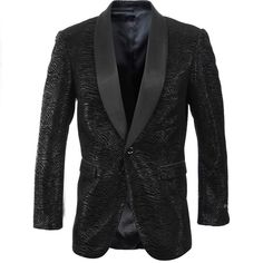 Satin Shawl Collar Fit: Modern Fit Suit Button: 1- Button Suit Pattern: Tiger Print Jacket Pocket: Flap Pocket Chest Pocket: 1- Chest Pocket Suit Stitching: Interior Pic-Stitching Feature: Fashion Blazer Black Blazer For Black-tie Events In Winter, Black Single Button Party Outerwear, Tailored Black Tuxedo For Winter, Fitted Black Blazer With Double Button Closure, Black Tuxedo With Hidden Button Closure And Lapel Collar, Black Suit Collar Outerwear For Party, Luxury Black Tuxedo With Double Button Closure, Black Single Button Tuxedo For Winter, Black Double Button Suit For Fall