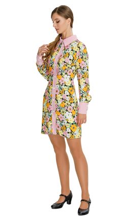 SALE! 2 left! Vibrant Floral Autumn Shirt Dress; a versatile and delightful addition to your wardrobe. This dress features a vibrant floral pattern that adds a casual elegance to your ensemble, making it perfect for both work and play. The classic pink collar, cuffs, and button down detailing provide a charming contrast against the floral backdrop. With its casual yet sophisticated style, this dress carries confidently across all environments, from the classroom to a concert hall. Embrace the vi Casual Long Sleeve Dress With Floral Patchwork, Fitted Floral Patchwork Dress, Multicolor Collared Dress For Daywear, Fitted Floral Print Button-up Dresses, Long Sleeve Floral Patchwork Dress For Garden Party, Floral Print Long Sleeve Shirt Dress For Garden Party, Long Sleeve Floral Print Shirt Dress For Garden Party, Long Sleeve Floral Shirt Dress For Garden Party, Feminine Floral Print Shirt Dress For Spring