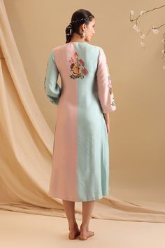 Pink and blue color block dress with floral bloom embroidery and sequin embellishments. - Aza Fashions Multicolor Straight Dress With Resham Embroidery, Multicolor Straight Kurta Dress With Resham Embroidery, Multicolor Resham Embroidery Straight Kurta Dress, Eid Multicolor Embroidered Straight Kurta Dress, Eid Straight Kurta Dress With Multicolor Embroidery, Eid Multicolor Embroidery Straight Kurta Dress, Festive Straight Kurta Dress With Multicolor Embroidery, Multicolor Designer Dresses For Eid, Festive Multicolor Straight Kurta Dress