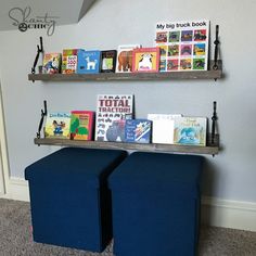 two bookshelves are shown with children's books on them