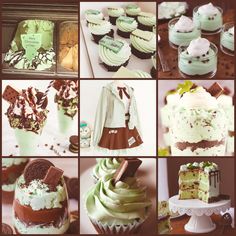 there are many different cakes and cupcakes on the table in this collage