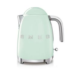 an electric kettle with the word smeg on it's front and side panels