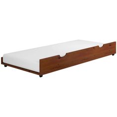 a wooden bed with white sheets and drawers