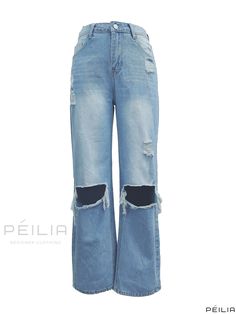 Peilia - Womens Loose Fit Straight-leg Denim Jeans with Distressed Details and Slant Pockets Ripped Denim Straight Leg Bottoms, Casual Ripped Bottoms For Spring, Casual Ripped Jeans For Spring, Spring Casual Ripped Jeans, Spring Denim Bottoms With Holes, Spring Denim Blue Bottoms With Holes, High Rise Ripped Denim Jeans, Casual Ripped Denim Jeans, High Rise Denim Blue Bottoms With Holes