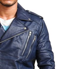 Made to elevate any outfit and a great investment, this biker enthusiast leather jacket in alluring dark blue color is perfect for day to day use. This Dark blue jacket is made to elevate any outfit adding that extra charm to your everyday looks. Men's Blue Motorcycle Leather Jacket for Motorcycle Enthusiast Outfit Type: Motorcycle Leather Jacket Material: Outer: Real Leather Inner: Viscose Color: Blue Pockets: 4 Zipper Pockets Zipper: YKK Collar: Convertible Collar Sizes available from size XS Blue Moto Biker Jacket With Zipper Closure, Blue Biker Jacket With Zipper Closure, Casual Fitted Blue Biker Jacket, Blue Moto Outerwear With Long Sleeves, Fitted Blue Biker Jacket With Long Sleeves, Blue Biker Leather Jacket For Winter, Blue Biker Leather Jacket For Fall, Blue Fitted Moto Leather Jacket, Blue Biker Jacket For Fall