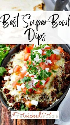 the best super bowl dips recipe is shown in this collage with text overlay