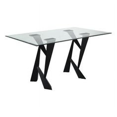 a glass table with black metal legs and an acrylic design on the top