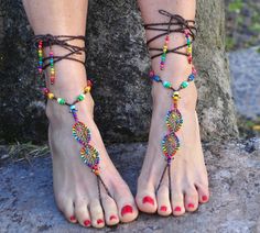 This listing is for a PAIR of barefoot sandals. Beautiful and unique barefoot sandals with a spring vibration. They look great as necklace or on the hands too :) Handmade crocheted with love and care using waxed polyester cord, tibetan silver leaf links, tibetan silver beads, greek ceramic beads and czech seed beads. The lace is long enough to wrap it 2 times around the leg. These sandals are very resistant and suitable for many environments. They will embellish your feet and you can wear it wit Bohemian Barefoot Sandals For Spring Wedding, Bohemian Barefoot Wedding Sandals For Spring, Handmade Adjustable Anklets For Spring, Handmade Barefoot Sandals For Spring Party, Summer Festival Colorful Beaded Anklets, Party Barefoot Sandals For Beach With Ankle Wrap, Ankle Wrap Barefoot Sandals For Beach Parties, Adjustable Barefoot Sandals As Spring Gift, Adjustable Barefoot Sandals For Spring Gift