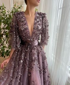 Mauve Posh Gown | Teuta Matoshi Purple Lace Dresses, Blush Pink Gown, Teuta Matoshi, Flower Floor, Exquisite Gowns, Princess Wedding Dress, Floral Gown, Evening Dress Fashion, فستان سهرة