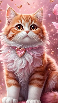 an orange and white cat wearing a pink collar with hearts on it's collar