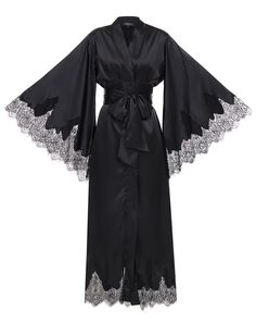 The Audra robe is a sleek, black satin piece with bell sleeves and a hem lined with lace, plus a waist tie for a nice shape. It's a long, luxurious robe that makes every morning special. ✓ garment length - 147 cm/58'' ✓ wrap over style ✓ two sets of inside ties ✓ wide obi-tie is included. Material Composition:  polyamide 60%, viscose 20%, polyester 10%, silk 7%, elastane 3% Model is 175 cm/66.9'' tall and wears size XS/S. Black Lace Trim Floor-length Gown, Black Floor-length Gown With Lace Trim, Elegant Evening Robe, Floor-length, Elegant Floor-length Evening Robe, Elegant Evening Floor-length Robe, Elegant Black Floor-length Satin Dress, Fitted Satin Night Robe, Long Sleeve Satin Night Dress, Elegant Floor-length Robe For Formal Occasions