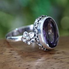 Handcrafted Floral Sterling Silver and Amethyst Ring - Frangipani Allure | NOVICA Floral Ring, Silver Jewelry Handmade, Sea Glass Jewelry, Amethyst Ring, Handmade Sterling Silver, Turquoise Jewelry, Ring Set, Silver Necklaces, Sterling Silver Jewelry