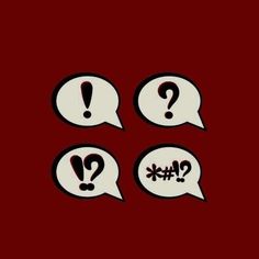 three speech bubbles with question marks in them on a red background, one is black and the other is white