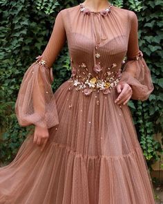 Details - Sandstone color - Tulle fabric - Handmade embroidered flowers and crystals - Ball gown style - Party and Evening dress Gaun Tulle, Sukienki Maksi, 파티 드레스, فستان سهرة, Stil Inspiration, Wedding Outfits, Brown Dress, Mode Inspiration, French Fashion