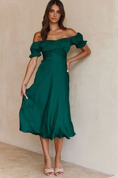 Shop the Linka Off-Shoulder Tie Back Midi Dress Forest Green | Selfie Leslie Yellow Bridesmaids, Green Bridesmaid, Off Shoulder Fashion, Ruched Bodice, Blue Bridesmaids, Date Night Dresses, Head Over Heels, Dress Satin, Mini Dress Casual