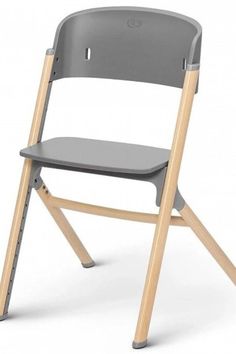 a gray and wood folding chair on a white background