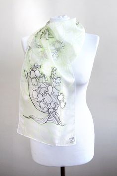 White Floral Print Silk Scarf As A Gift, White Silk Scarf With Floral Print For Gift, White Floral Print Silk Scarf For Gift, Elegant White Handmade Silk Scarf, Elegant Handmade White Silk Scarf, White Silk Scarf For Spring, Handmade White Silk Scarves, White Scarf As Spring Gift, White Scarf Gift For Spring