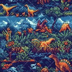 a cross stitch pattern with dinosaurs and other animals in the jungle, on a blue background