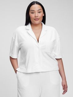 Soft cotton terry blend knit shirt.  Notch lapel collar.  Button front.  Drop shoulders.  Patch pocket at chest. White Gap Shirt For Workwear, Button-up Loungewear Tops With Pockets, Button-up Lounge Tops With Pockets, Button-up Tops With Pockets For Loungewear, Gap Collared Shirt For Daywear, Gap Shirt With Button Closure For Daywear, Gap Shirt With Button Closure For Daily Wear, Gap Collared Shirt For Daytime, White Johnny Collar Tops With Pockets