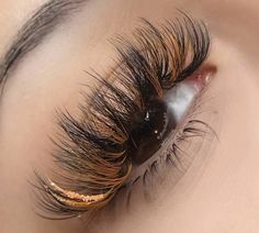 Gold Glitter Lash Extensions, Orange Lash Extensions, Lash Inspiration, Eyelash Extensions Classic