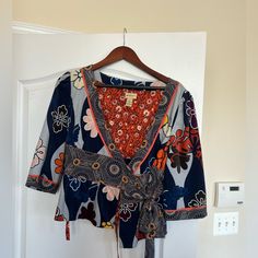 Great Wrap Top, It’s A Light Corduroy Material. Multi Color And Adorable. Size 10 And Never Wore. Too Small For Me. Corduroy Material, Wrap Top, Anthropologie, Color Blue, Multi Color, Top Blouse, Blouses, Size 10, Womens Tops