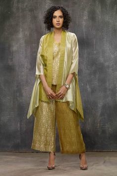 Shop for Bodhi Tree Yellow Brocade Silk Woven Asymmetric Jacket Pant Set for Women Online at Aza Fashions Brocade Suits, Bodhi Tree, Asymmetric Jacket, Color Block Jacket, Cotton Clothes, Pant Set For Women, Yellow Silk, Silk Suit, Silk Brocade