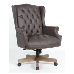 a brown leather office chair with wheels and casteors on an upholstered base