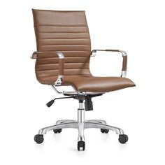 a brown office chair with chrome legs and armrests on an isolated white background