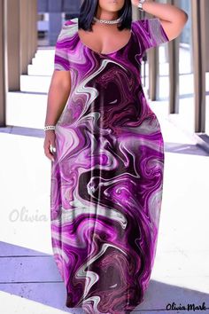 Olivia Mark - Classic Dark Purple V Neck Short Sleeve Casual Print Dress Casual Printed Purple Maxi Dress, Casual Purple Printed Maxi Dress, Casual Purple Maxi Dress For Party, Casual Purple Short Sleeve Maxi Dress, Casual Purple Maxi Dress, Purple Casual Maxi Dress, Casual Purple Maxi Dress For Day Out, Maxi Dress Collection, Printed Casual Dresses