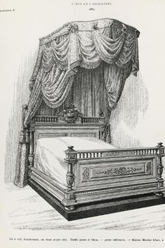 an antique drawing of a bed with drapes on the headboard and foot board