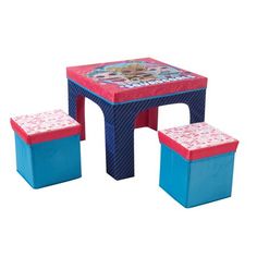 the children's table and stools are made out of blue, red and pink material