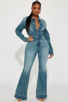 Available In Denim. Jumpsuit Collar Long Sleeve Button Down Pockets Flare Leg Stretch Inseam = 33" Disclaimer: Due To The Specialized Wash Process, Each Garment Is Unique. 69% Cotton 28% Polyester 3% Elastane Imported | Playing Games Denim Jumpsuit size Medium by Fashion Nova Denim Plus Size Clothes Women, Denim 24/7 Plus Size Clothing, Jumpsuit Denim, Denim And Diamonds, Flare Jumpsuit, Denim Design, Denim Jumpsuit, Playing Games, Denim Outfit