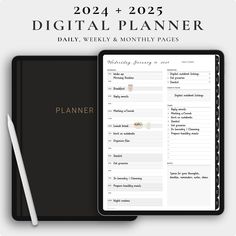 a planner and pen sitting on top of a desk next to a clipboard with the text, digital planner daily, weekly & month pages