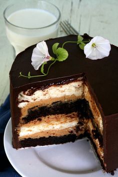 a chocolate cake on a plate with one slice cut out