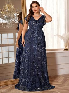 Plus Size Solid Color Ruffle V-Neck Formal Evening Dress With Heavy Embroidery And Patchwork For Elegant Women Navy Blue Party  Sleeveless Sequins Floral,Geometric,Tribal,All Over Print A Line Slight Stretch  Weddings & Events, size features are:Bust: ,Length: ,Sleeve Length: Plus Size Gala Dress, Plus Size Gowns Formal, Navy Blue Party, Plus Size Evening Gown, Plus Size Gowns, Gown Plus Size, Plus Size Party Dresses, Mother Of Groom Dresses, Blue Dress Formal