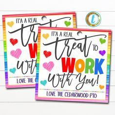 two greeting cards with the words it's a real treat to work with you