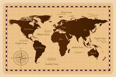 the world map is shown on a piece of parchment paper with brown trimmings