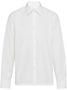 long-sleeved shirt from PRADA featuring white, cotton, triangle logo, classic collar, front button placket, long sleeves, buttoned cuffs and straight hem. Classic Long Sleeve Shirt For Daywear, White Long Sleeve Dress Shirt With Concealed Placket, Classic Long Sleeve Dress Shirt For Daywear, Timeless Long Sleeve Dress Shirt With Concealed Placket, Long Sleeve Cotton Dress Shirt For Daywear, Timeless Long Sleeve Cotton Shirt, Modern White Cotton Dress Shirt, Cotton Long Sleeve Dress Shirt For Daywear, Timeless Slim Fit Long Sleeve Dress Shirt