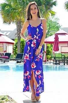 Looks like a maxi, but is actually a romper! This romper is made glamorous by a long, flowing skirt that goes around the back and opens in the front to reveal the shorts Blue Door, Flowing Skirt, Romper Dress, Wearing Dress, Spring Summer Fashion, Boutique Clothing, Floral Skirt, Cute Dresses, Cobalt