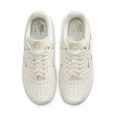 (WMNS) Nike Air Force 1 Low 'White Mini Gold Swooshes' FV3654-111 Nike Air Force 1 Gold And White, Gold Air Force 1, Nike Airforce 1, White Nike Shoes, White Jordans, Mini Gold, Nike Air Force 1 07, Nike Air Force 1 Low, Swag Shoes