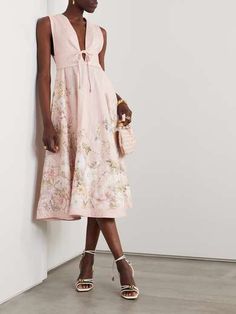 Summer Floral Embellished Knee-length Midi Dress, Spring Floral Embellished Knee-length Midi Dress, Feminine Midi Floral Embroidered Dress, Feminine Midi Floral Dress With Embroidery, Chic Linen Floral Print Dress, Evening Floral Print Sundress Midi, Chic Floral Embroidered Dress For Spring, Elegant Silk Floral Dress For Spring, Chic Spring Floral Embroidered Dress