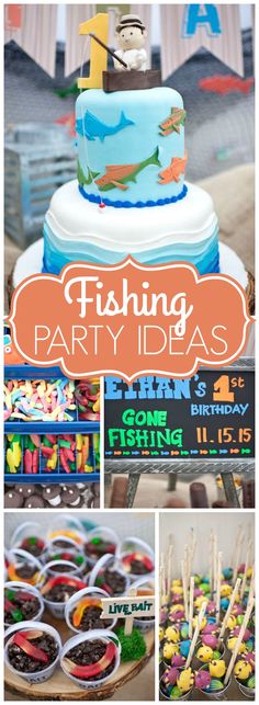 fishy birthday party ideas for kids with cake, cupcakes and candy bars