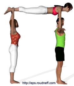 two people doing yoga poses with one holding the other upside down in front of her