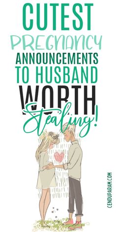 cartoon of pregnant couple standing together and husband is touching wife's baby bump  with title  cutest pregnancy announcements to husband worth stealing Unique Pregnancy Announcement To Husband, Pregnancy Announcement To Husband Ideas, Surprise Pregnancy Announcement To Husband, Pregnancy Reveal To Husband