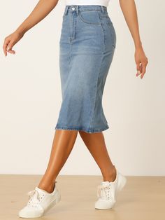 Shop Allegra K for casual denim high waist stretchy midi jean skirt you are looking for, get more women's skirts for yourelf. Order now! Free Returns! Midi Jean Skirt, Jean Pencil Skirt, Midi Jeans, Women's Skirts, Casual Denim, Jean Skirt, High Waisted Denim, Order Now, High Waist