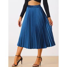 Accordion pleats enhance the dimension and movement of this midi skirt, while the metallic design underscores its sleek style. It's pleated all around for this trending midi skirt. Feel free to pair it with black block-heel sandals. Whether you're dressing up or down, this skirt is perfect for any occasion. A casual and simple style, never out of fashion, is a must-have item in your wardrobe. This fashionable and trendy clothes for women can not only be worn daily, but can also be easily matched Full Pleated Skirt With Accordion Pleats For Night Out, Spring Night Out Skirt With Folds, Spring Night-out Skirt With Folds, Flowy Midi Pleated Skirt For Night Out, Spring Party Skirt With Folds, Black Midi Skirt With Accordion Pleats For Night Out, Night Out Pleated Midi Skirt, Chic Pleated Skirt With Pleated Back For Party, Party Skirt With Folds