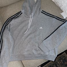 Adidas - Women’s Sweatshirt - Grey Hoodie - Size: Xl - Brand New With Tags Adidas Athleisure Hoodie With Ribbed Cuffs, Adidas Sporty Hoodie With Ribbed Cuffs, Adidas Cotton Sweatshirt In Athleisure Style, Adidas Cotton Athleisure Sweatshirt, Adidas Hoodie With Three Stripes, Adidas Hoodie Sweatshirt With Three Stripes, Adidas Athleisure Sweatshirt With Drawstring Hood, Fleece Sweatshirt Hoodie With Three Stripes Branding, Adidas Three Stripes Hoodie Sweatshirt